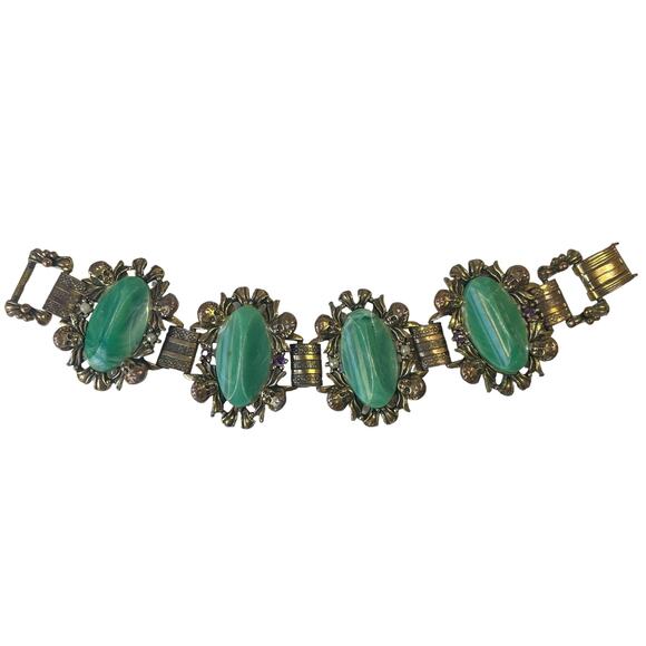 60s Gold Plate Green Cabs Rhinestones & Pearls Renaissance Cherub Link Bracelet - Picture 1 of 5